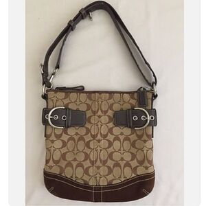 Authentic Coach Signature Fabric And Suede Slim Duffle Shoulder Bag Brown Color